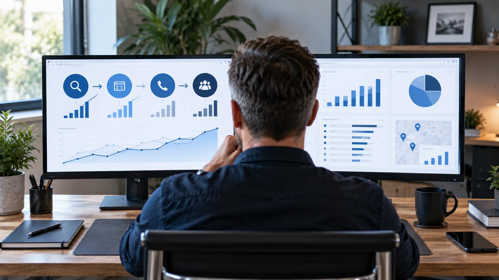 Small-business Google Ads customer journey from search to website, phone call and customer, shown with campaign performance charts.