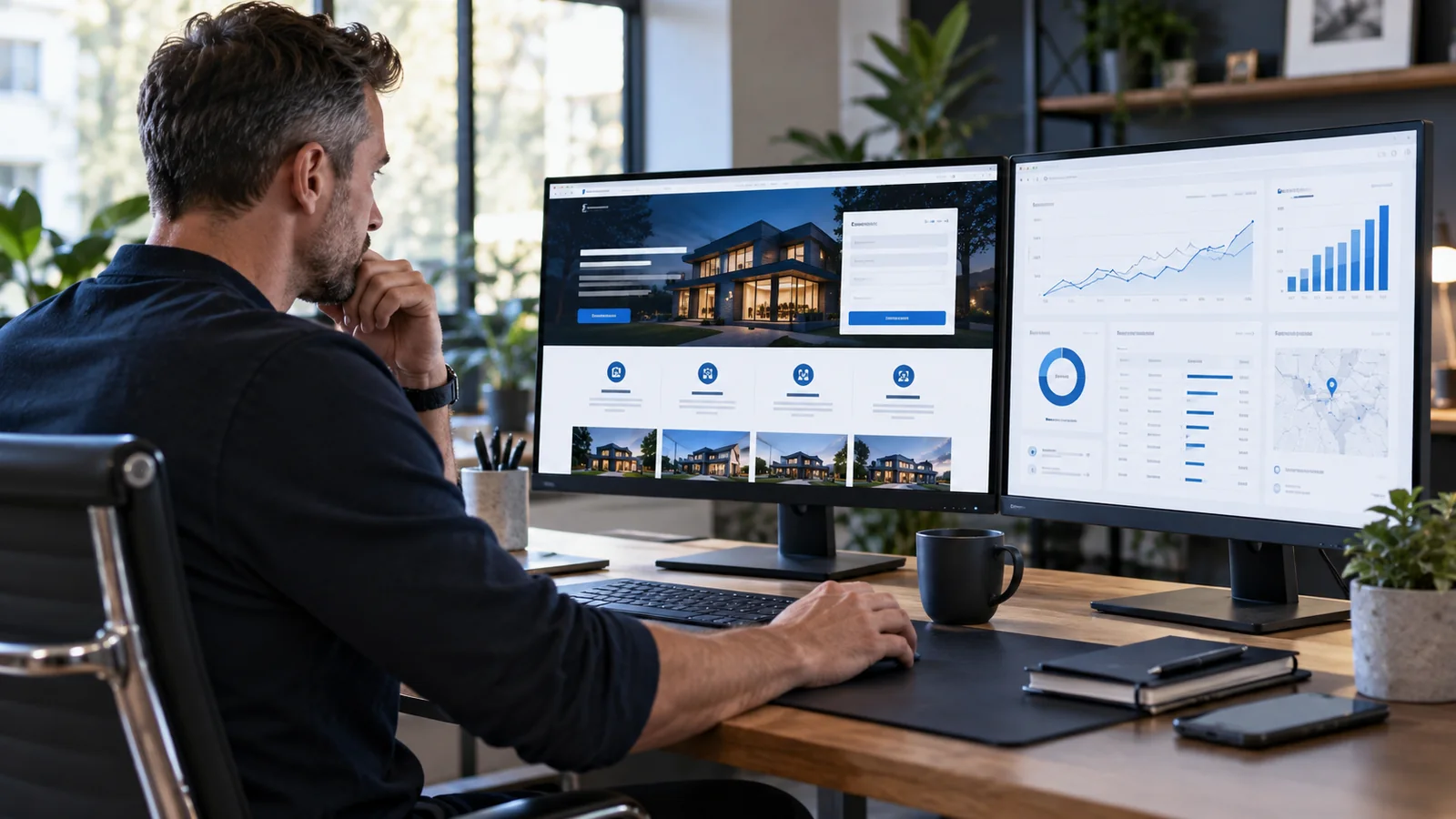 Business owner reviewing a service landing page and advertising campaign analytics on two computer monitors.