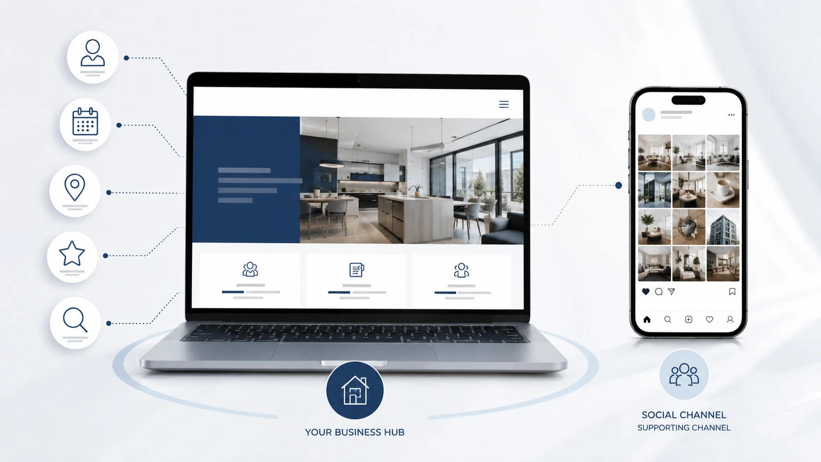 Business website shown as the main online business hub with social media shown as a supporting marketing channel.