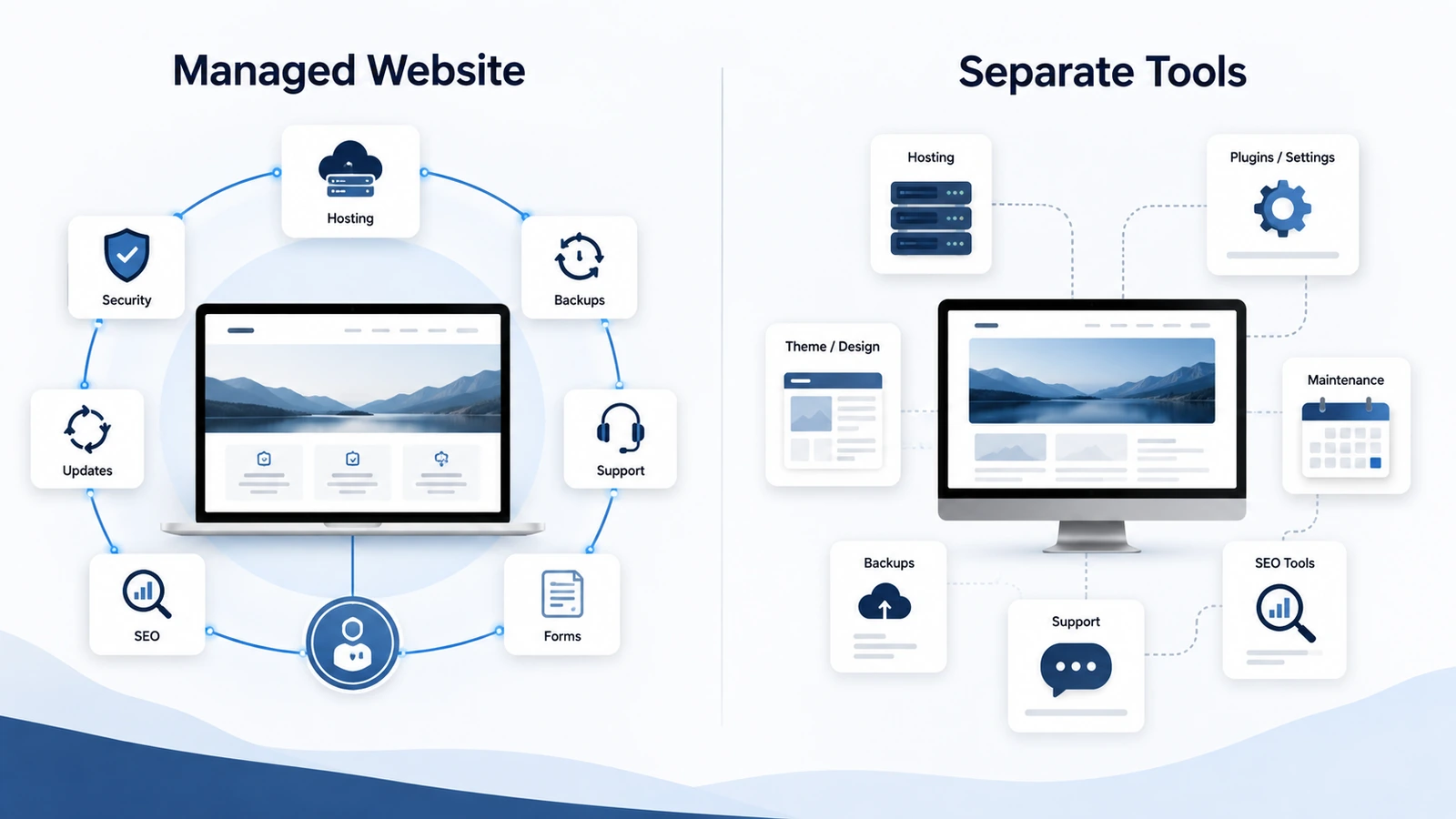 Managed website compared with separate website tools for hosting, design, maintenance, backups, support and SEO.