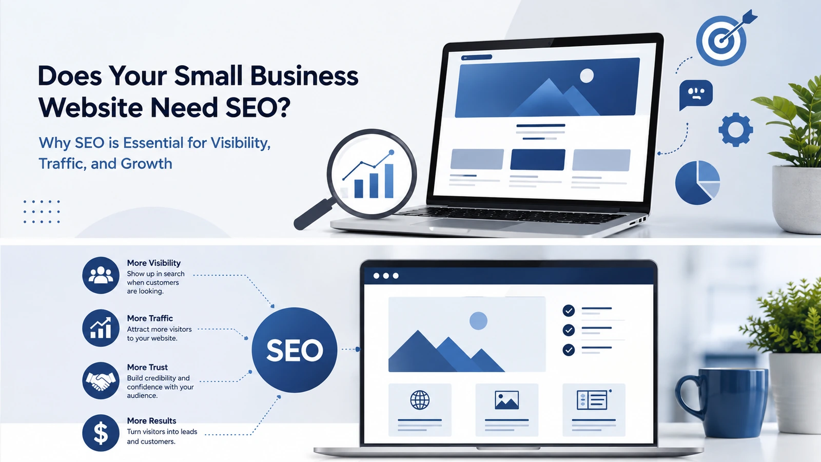 Does your small business website need SEO graphic showing a website, search analysis and growth indicators.