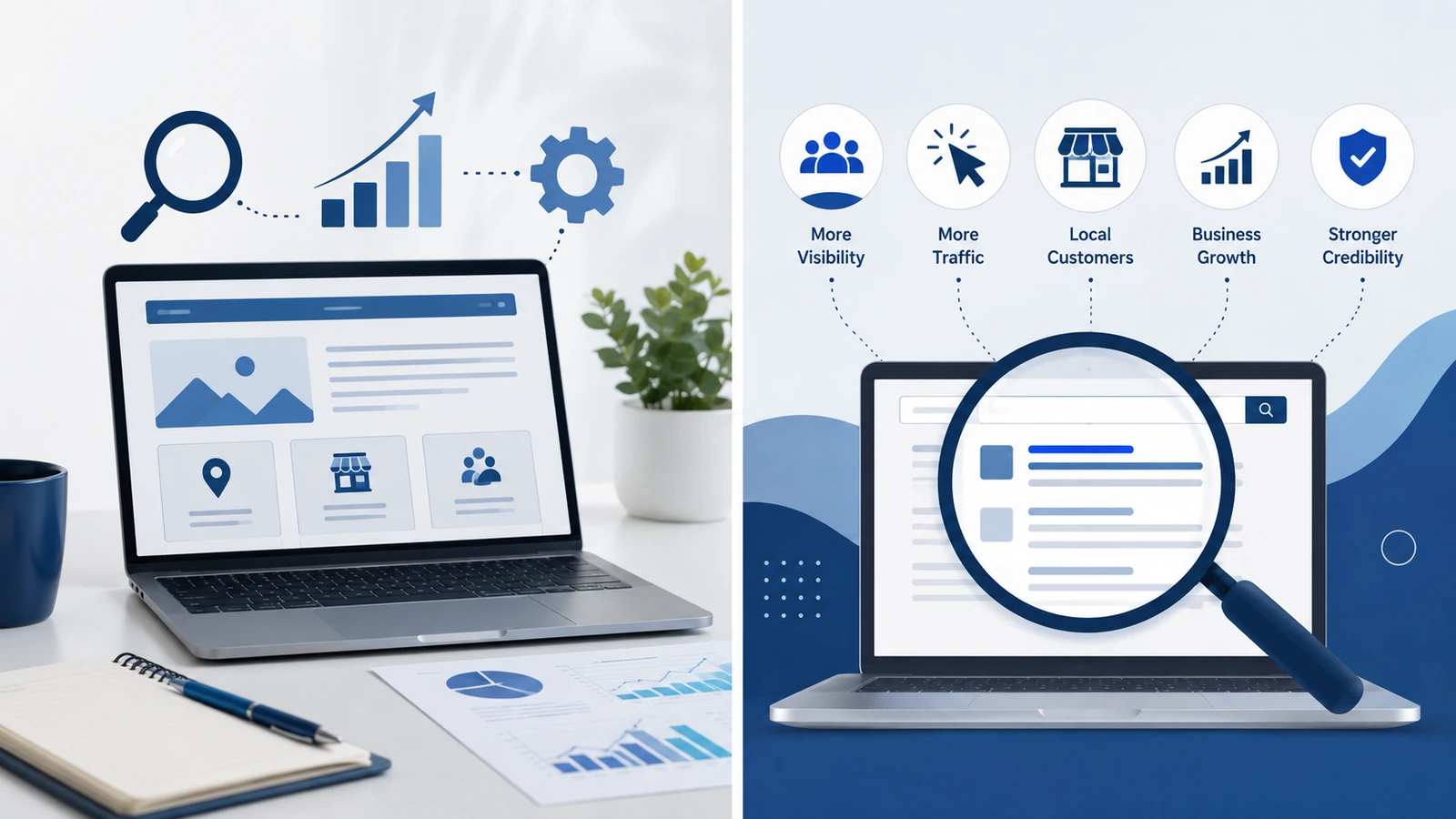 SEO benefits graphic showing visibility, traffic, local customers, business growth and stronger credibility.