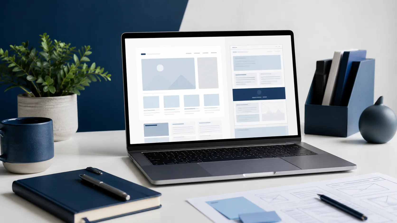 Small business website planning document open beside a laptop.
