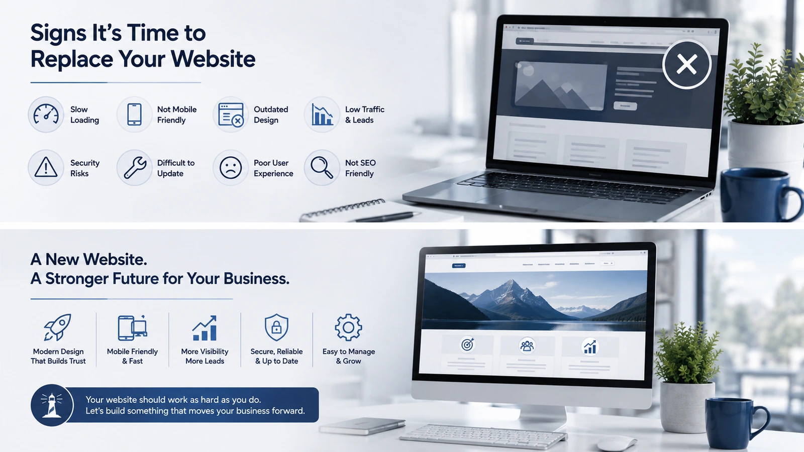 Website replacement graphic comparing signs of an outdated site with benefits of a modern business website.